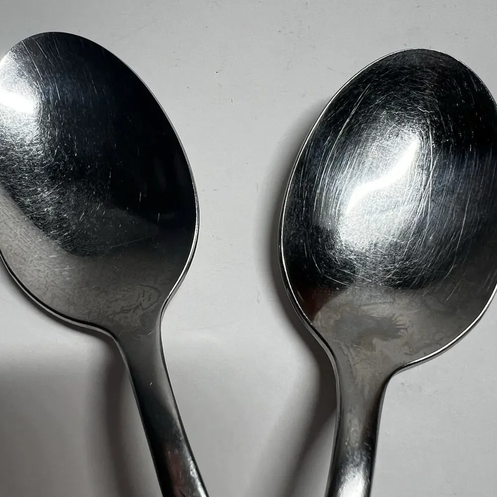 Lot of 2 Vintage International Stainless USA Rose Lace Oval Soup Spoons 7 1/8